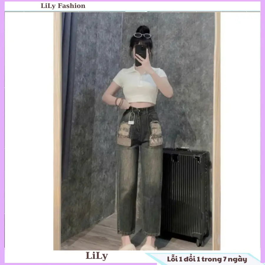 Quần jeans baggy túi rách thêu kaka cạp cao chất đẹp
