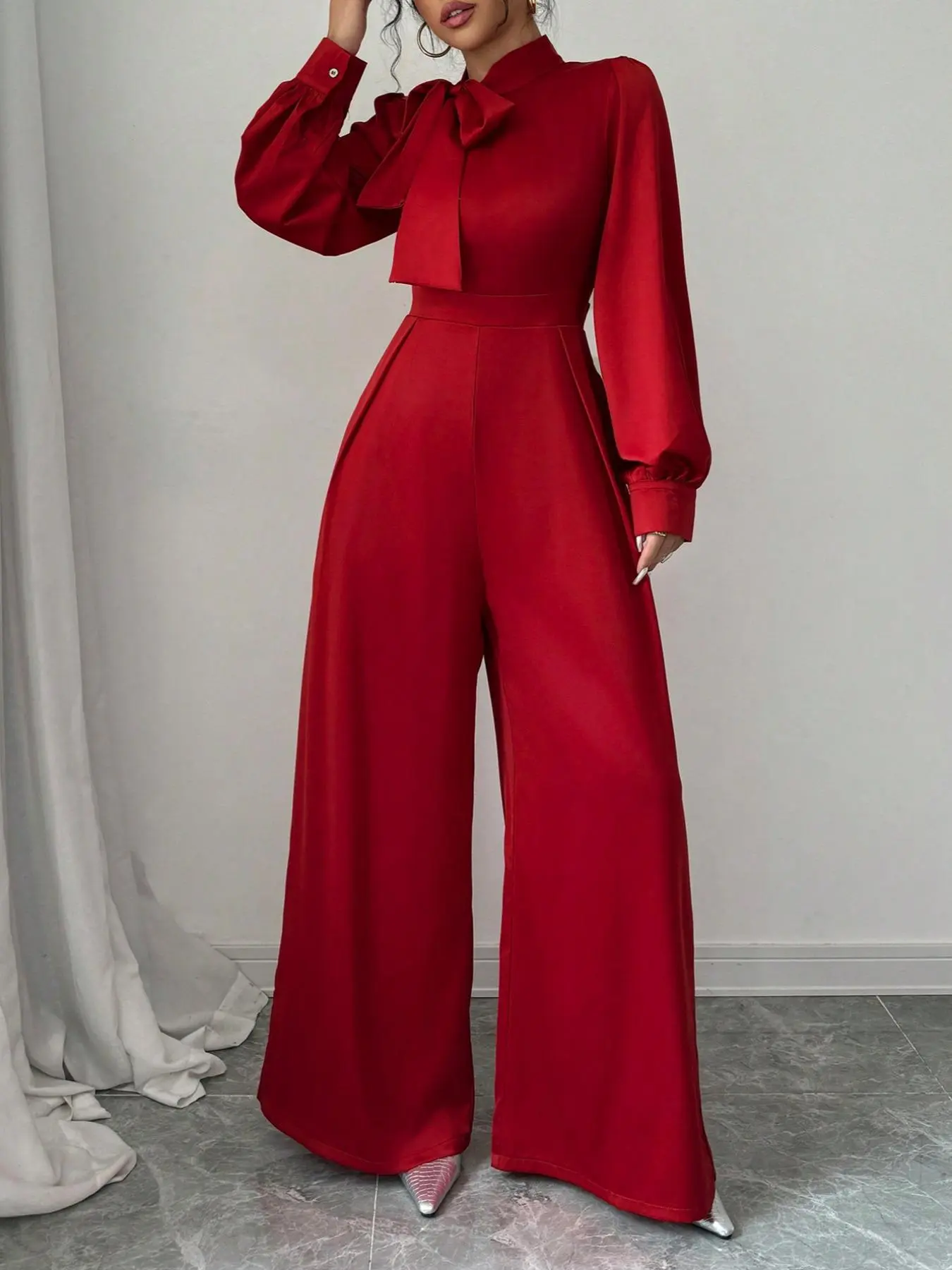 Women's Plain Tie Front Bishop Sleeve Wide Leg Jumpsuit, Elegant Long Sleeve Zipper Jumpsuit for Party Holiday Vacation, Jumpsuit for Women, Ladies Spring & Fall Clothes Valentine's Day, Gift, Jumpsuits for Women