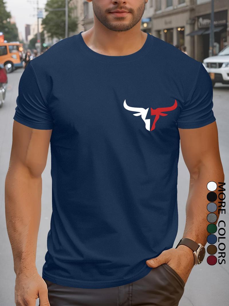 Product Introduction of Men's Regular Fit Bull Head Print Round Neck Tee, Casual Short Sleeve Crew Neck T-shirt for Summer, Fashion Men's Top for Daily Wear 4