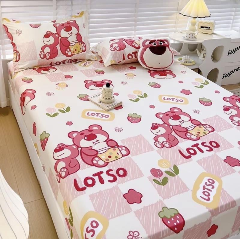 Bộ ga gối gấu dâu cute kích thước 1m4,1m5,1m6,1m8 bọc đệm 10cm kèm vỏ ôm chất cotton poly mềm mại bacbedding