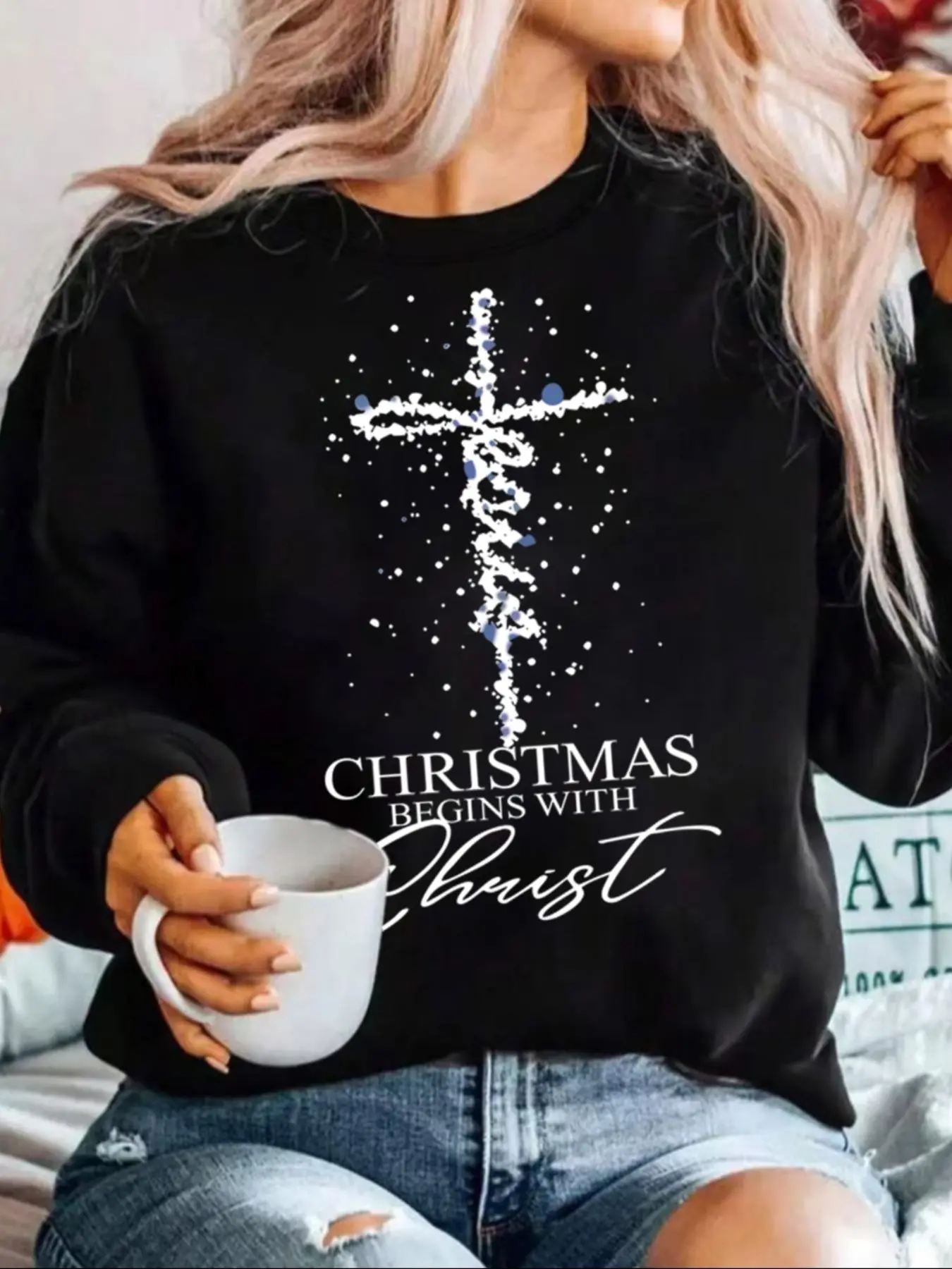 【Plus Size】 Christmas Tree & Cross Print Drop Shoulder Sweatshirt, Casual Long Sleeve Round Neck Pullover for Daily Wear, Women's Clothing for Fall & Winter