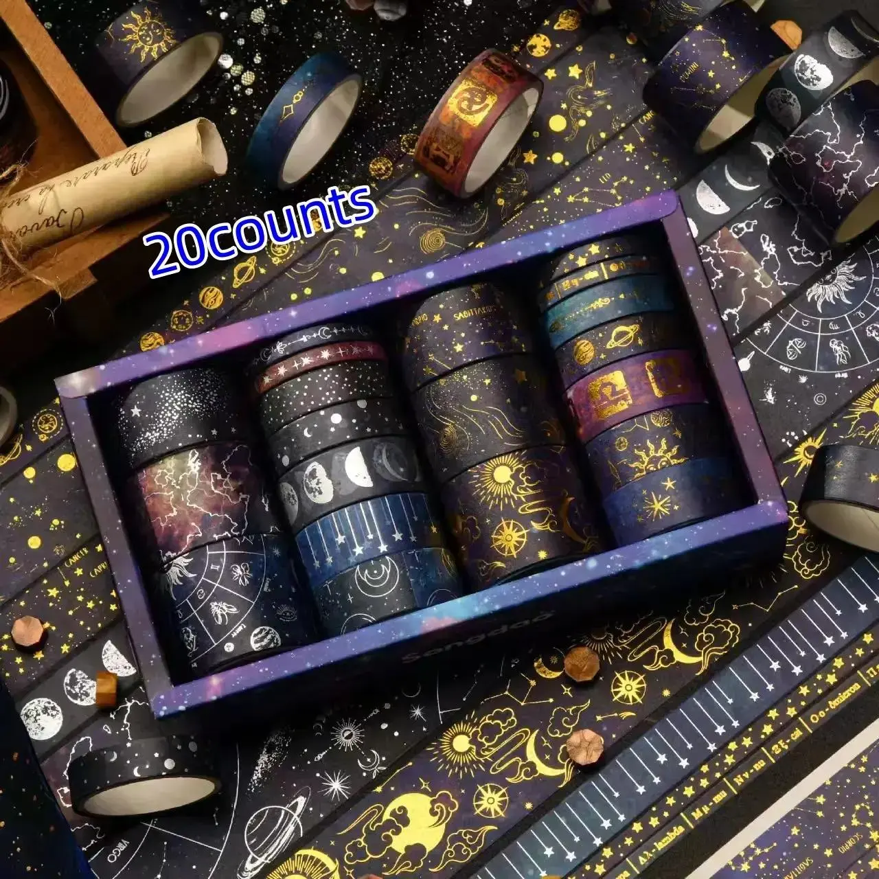 Universe Pattern Washi Tape, 20pcs/box Vintage Scrapbooking Tape, Creative Masking Tape, DIY Decorative Tape for Journal Making, Gift Wrapping, Greeting Card