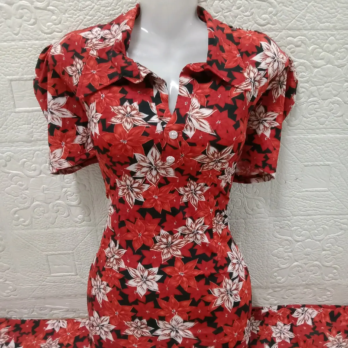 Đồ bộ mặc nhà nữ thun ati, áo kiểu cổ sơ mi tay phồng quần dài ống ôm, size 12345 - Women