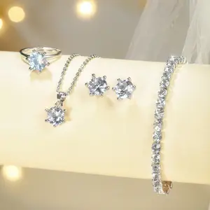 Calla 5 Pcs Set Perhiasan Zirkon Kalung Gelang Cincin Anting-anting 4in1 Modis Perhiasan Mawar Emas Hadiah