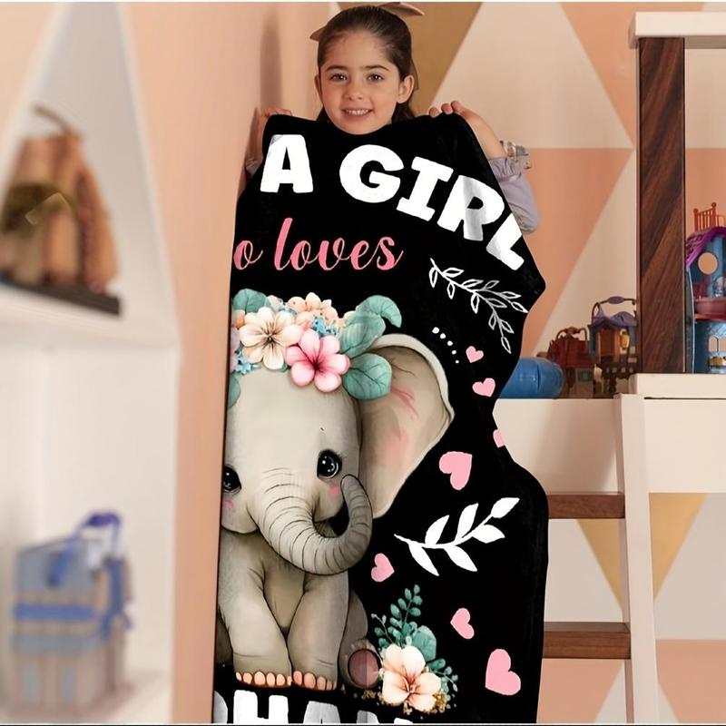 Cartoon Elephant & Letter Pattern Flannel Blanket, 1 Count Casual Soft Napping Blanket for Home & Office, Warm Blanket for Air-conditioned Room, Girls Room Accessories 3