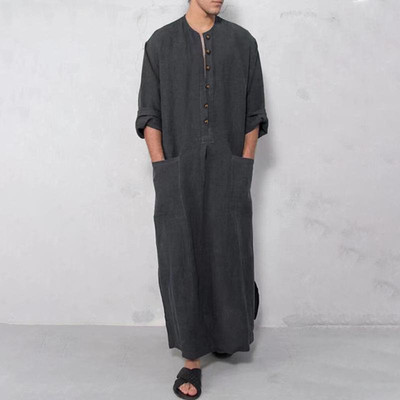 Product Introduction of Muslim Robe New Men's Loose Stand Collar Door Tube Long Sleeve Robe Ethnic Style Robe 3