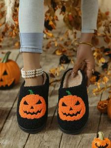 Women's Cute Pumpkin Embroidery Design Slippers, Casual Soft Comfortable Home Slippers, Warm Slippers for Indoor & Outdoor Use for Fall & Winter