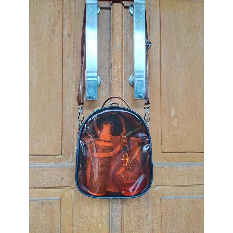 Tas mika PVC peremium teransparan multipungsi ransel (aline) tas konser K-pop tas gendong tas selendang Polos Hitam Cokelat 3