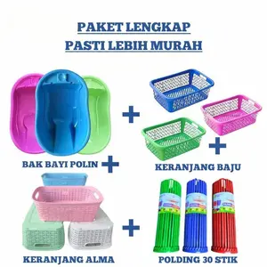 Paket Lengkap Bak Mandi Bayi Polin 4 Pcs Keranjang Baju Yutaka & Alma Folding Hanger 30 Stik Perlengkapan polin bak mandi bayi
