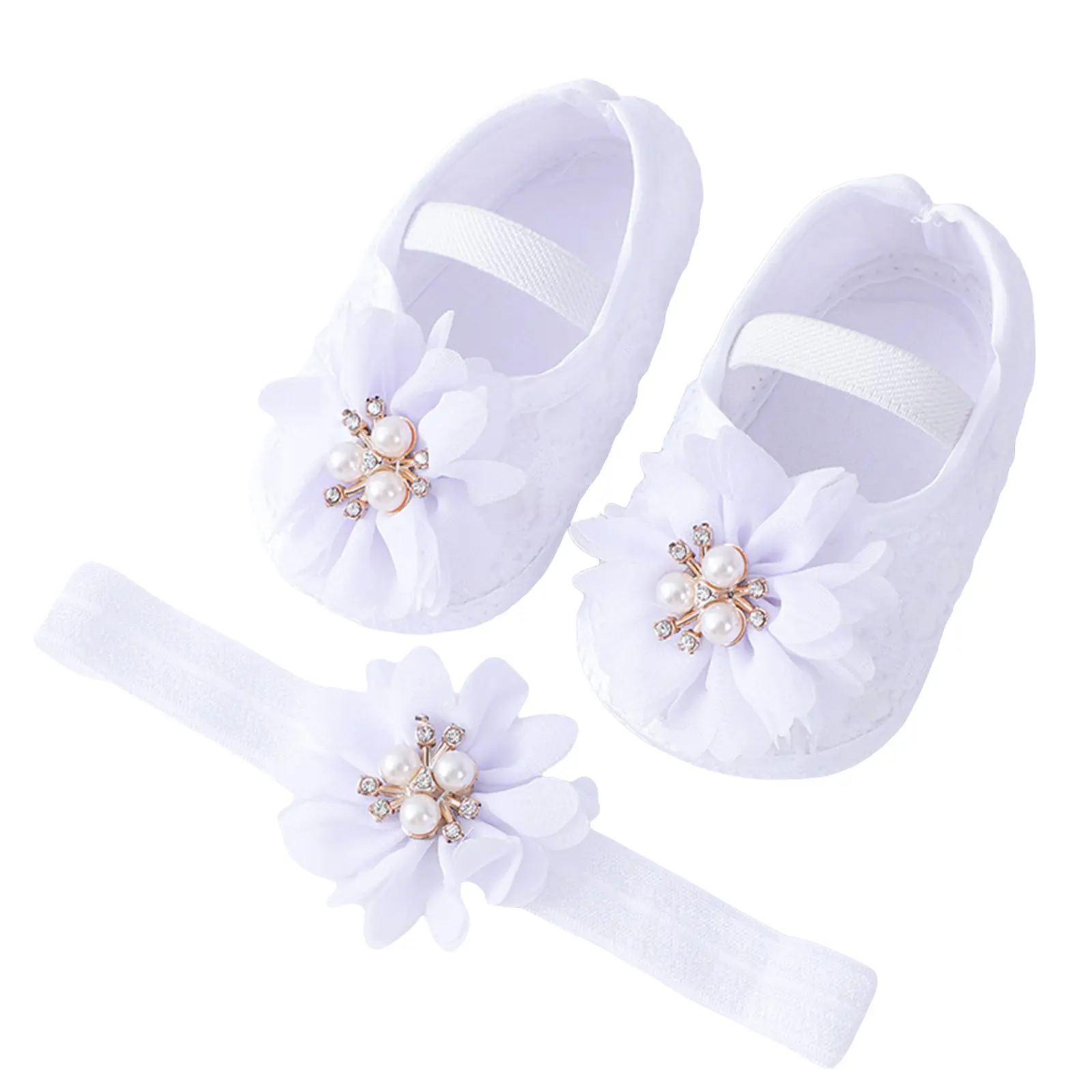 Baby Girls Flats and Headband Soft Sole Non-slip Pearl Flower Princess Wedding Dress Walking Shoes for Newborn