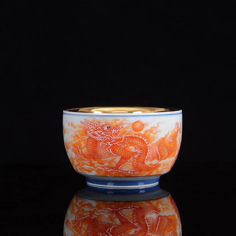 Product Introduction of 24K Gold Silk Dragon and Phoenix Jianzhan Master Cup Tea Cup White Jade Gilding Tea Cup Porcelain Kung Fu Tea Set Single Cup 22