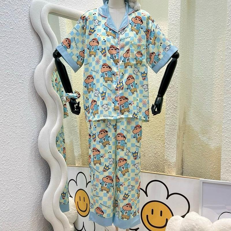 Bộ Pijama Monybear quần dài , áo tay không dơi in hình shin siêu nhân caro xanh kèm cột tóc - HN1725