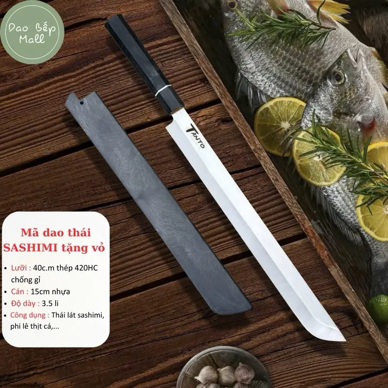 [SSM đen + vỏ] Dao thái sashimi đa năng 54cm + vỏ - chất liệu thép Nhật chống gỉ - phục vụ nấu ăn, chế biến thực phẩm, thái thịt cá đa năng