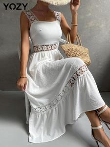 YOZY Lace Hollow Out Dress/ Elegant Plain Sweetheart Neck Ruffle Hem A Line Long Dress, 2024 Women's Beach Holiday Evening Wear for Spring & Summer