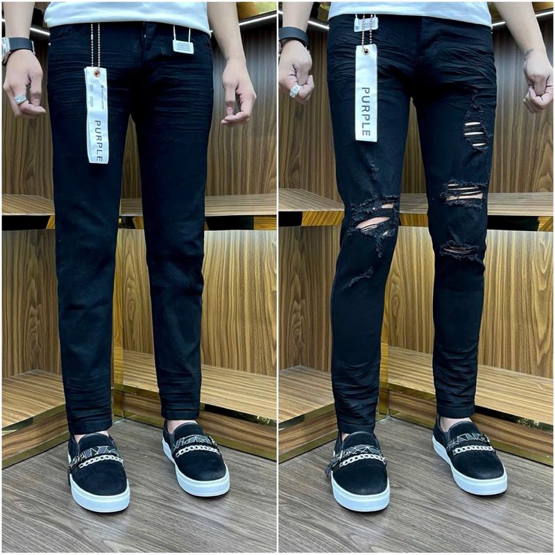 quần Jeans nam đen pơ pồ đen trơn + rách bốn cúc tang lụa