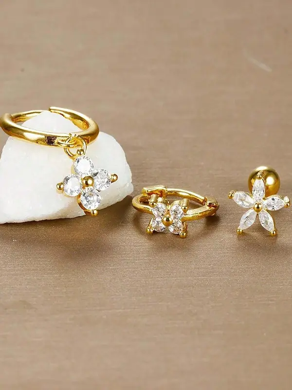 Flower Design Rhinestone Decorated Stud Earrings & Hoop Earrings, Fashionable Jewelry for Women, Trendy All-match & Exquisite Jewelry for Birthday Gift 3