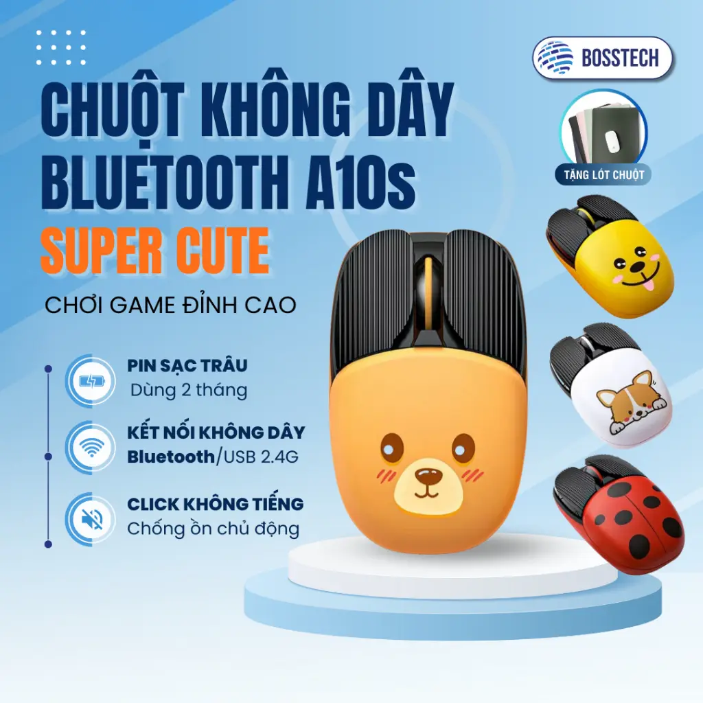 Chuột Không Dây Bluetooth Kawaii Mini A10s BOSSTECH | Có Thể Sạc Lại | Chống ồn | Hình Cute | Laptop, PC, Điện Thoại