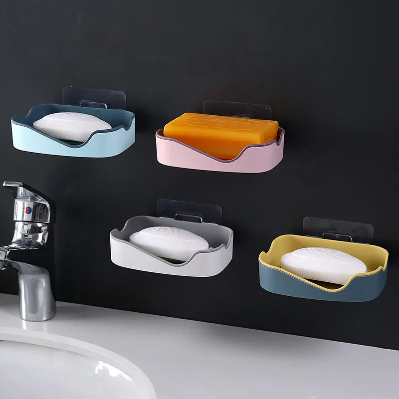 Powerful seamless adhesive drain soap box, creative double-layer non perforated bathroom shelf, dual color wall mounted soap box