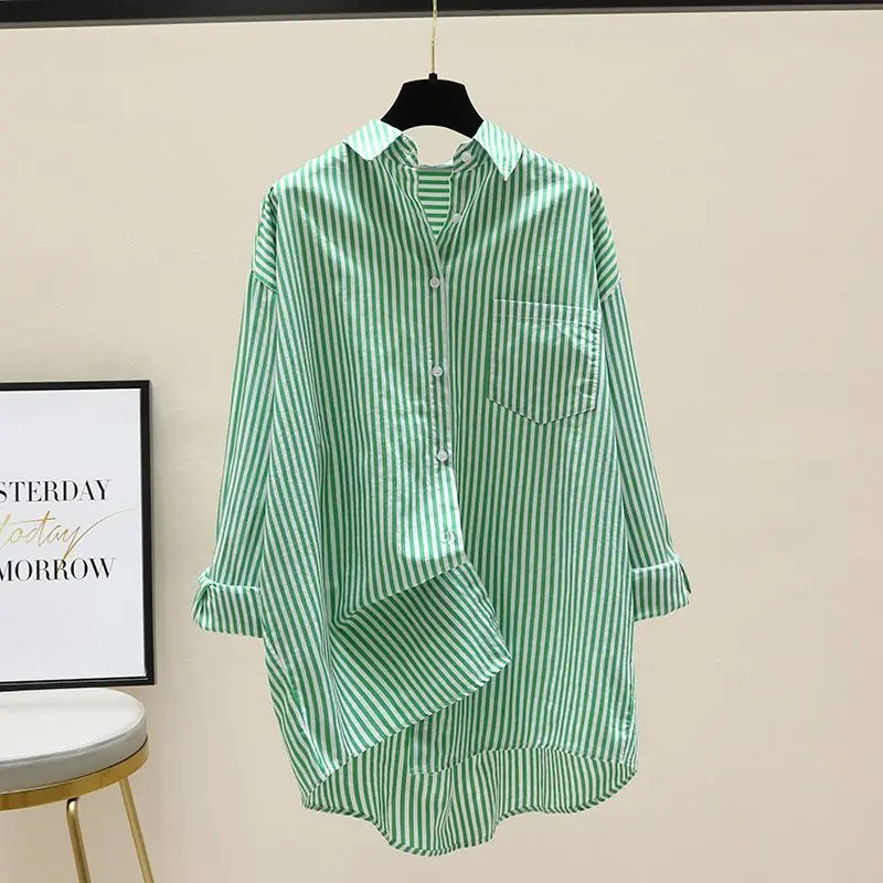 Áo sơ mi in sọc cotton nguyên chất, áo sơ mi nữ rộng rãi, dài tay, phong cách giản dị đơn giản, áo nịt dài một nửa, thích hợp cho phụ nữ, mới vào năm 2024 XL [211rx Royal xanh biển] áo cánh và áo sơ mi 2