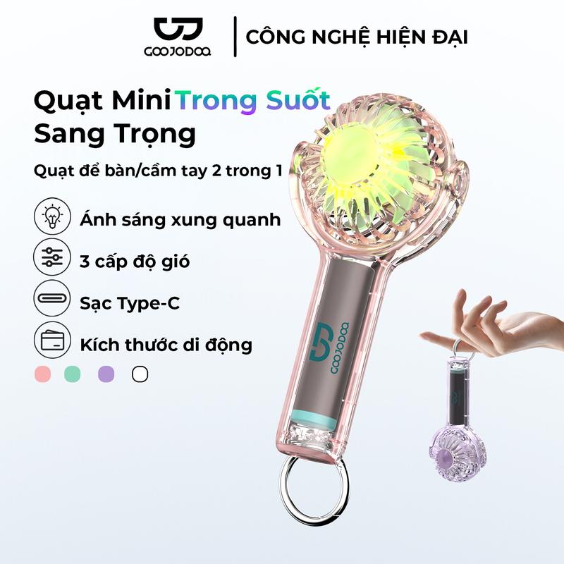 GOOJODOQ QUẠT MINI TÍCH ĐIỆN CÓ ĐÈN LED 3 CẤP ĐỘ GIÓ ĐẦU XOAY 360 ĐỘ