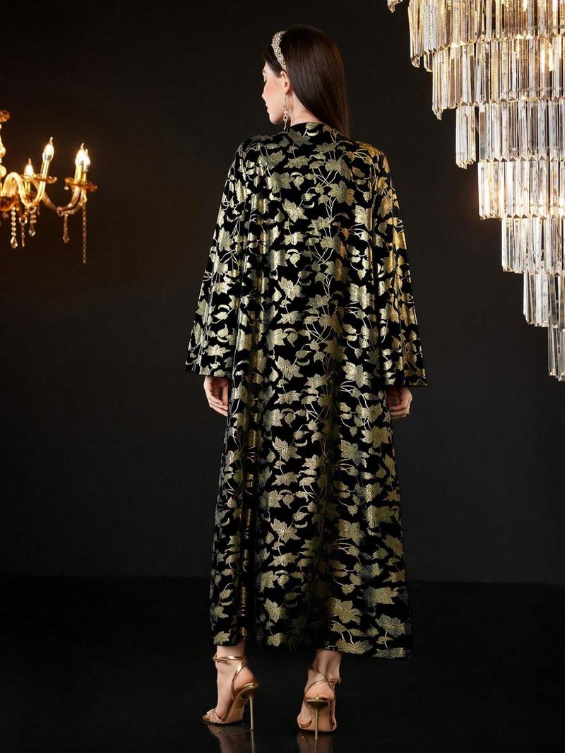 Product Introduction of Women's Floral Print Long Sleeve Dress, Elegant Open Front Maxi Muslim Dress for Party Daily Wear, Ladies Islamic Clothing for All Seasons 6