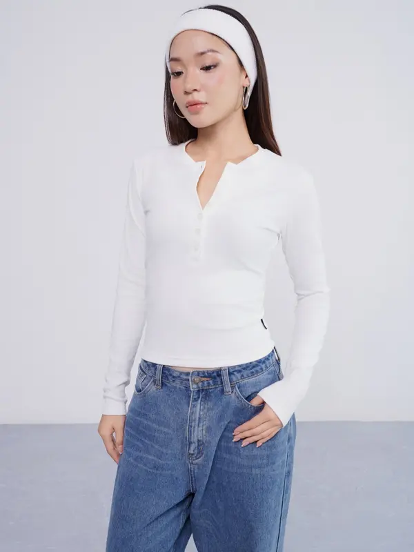 THEKIM Áo thun dài tay cổ tròn cúc ngực , chất liệu Rib cloud 100% cotton vải dày mềm mịn T259 2