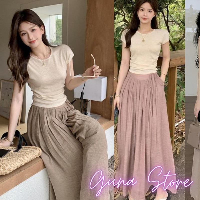 Quần ống rộng nữ vải đũi tơ mềm mướt ullazang cạp chun sau buộc dây sang trọng. Pants Voan 2