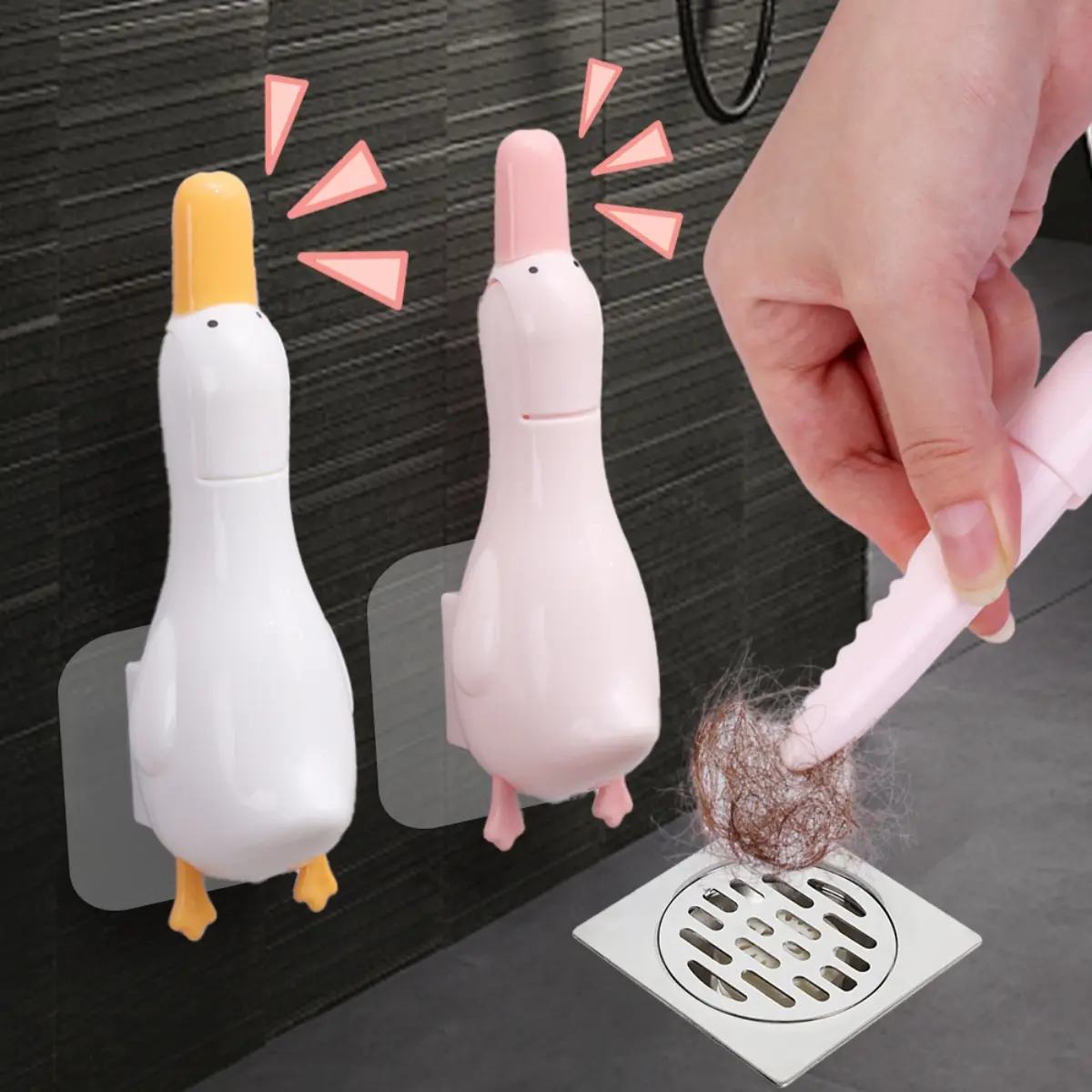 2 in 1 Duck Bathroom Cleaning Hair Clip Punch-free Garbage Remover Wall-mounted Cleaner Clamp Kitchen Sink Cleaning Tool Double Headed Multifunctional Cute Tweezers
