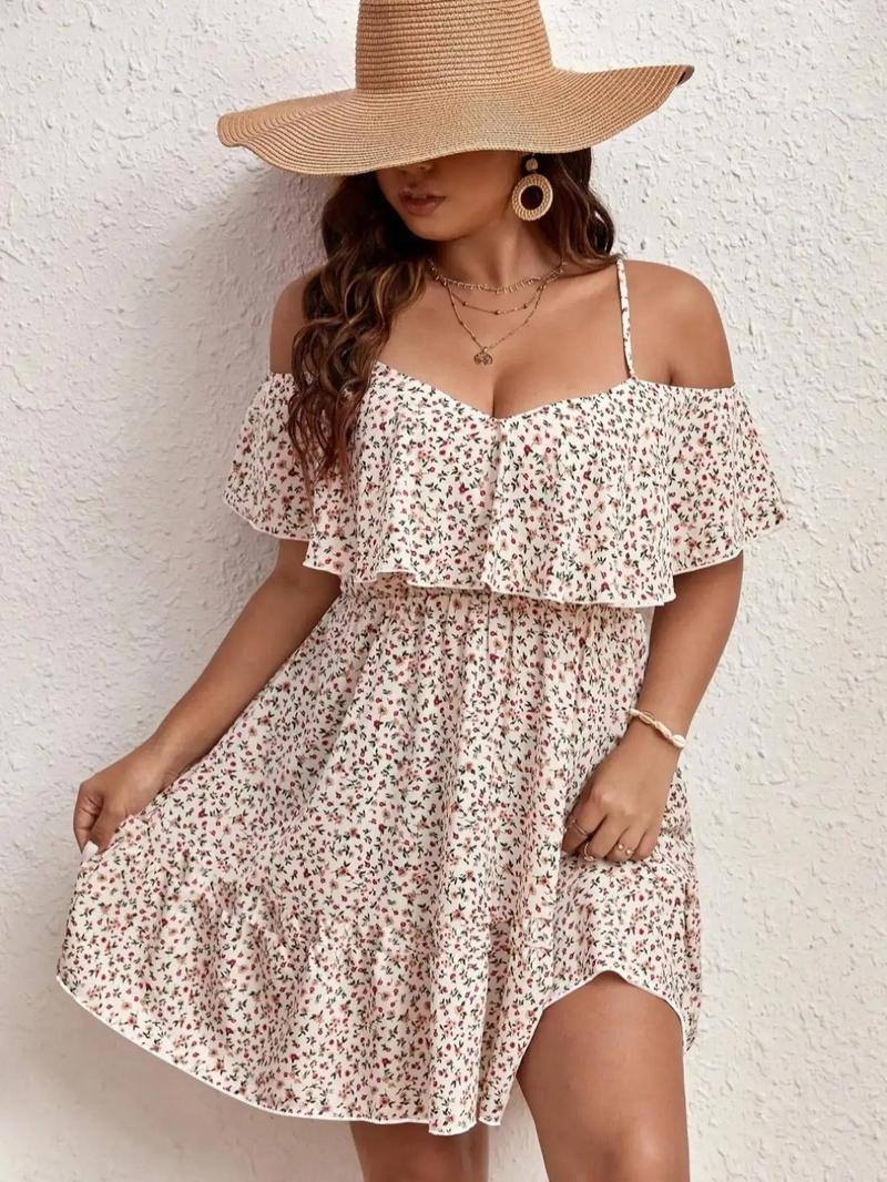 Product Introduction of 【Plus Size】 Ditsy Floral Print Cold Shoulder Dress, Boho Fashion Casual Dress for Daily Holiday Vacation Wear, Women Plus Clothing for Summer, Womenswear 2