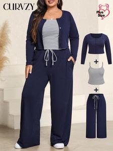 CURVZY Plus Size Three-piece Set Solid Button Front Outerwear & Pocket Drawstring Waist Pants & Striped Print Cami Top Set, Casual Three-piece Outfits for Spring & Fall, Women's Clothes for Daily Wear, Valentine's Day Gift for Girl