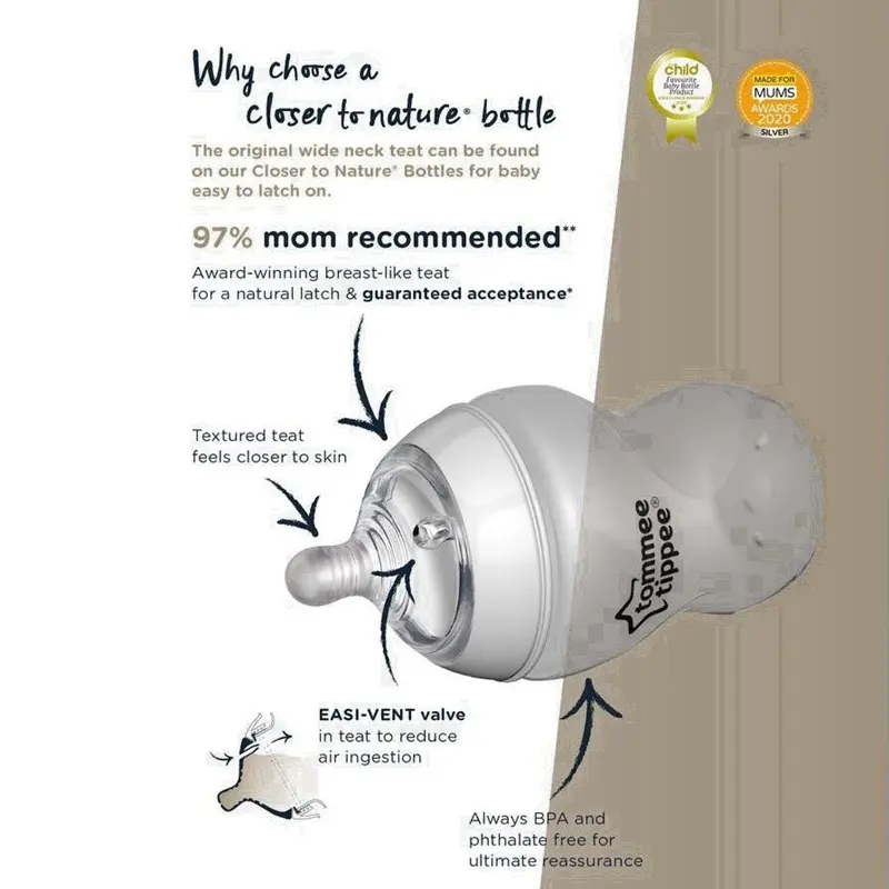 Bình Sữa Thủy Tinh Cho Trẻ Sơ Sinh Tommeer Tipee Gần Thiên Nhiên, Cổ Rộng, Có Núm Vú Thả Chậm Tăng, Thích Hợp Cho Trẻ Sơ Sinh Từ 0 Tháng Tuổi, Có Sẵn Trong 150ml Và 250ml 5