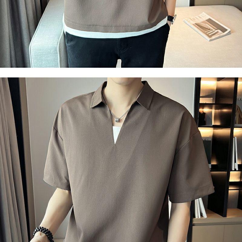 Product Introduction of 2025 Fake Two-Piece V-neck T-shirt Men's Ins Fashion Brand Short Sleeve Polo Shirt Ice Silk Half Sleeve 2023 New Summer Matching Suit 10