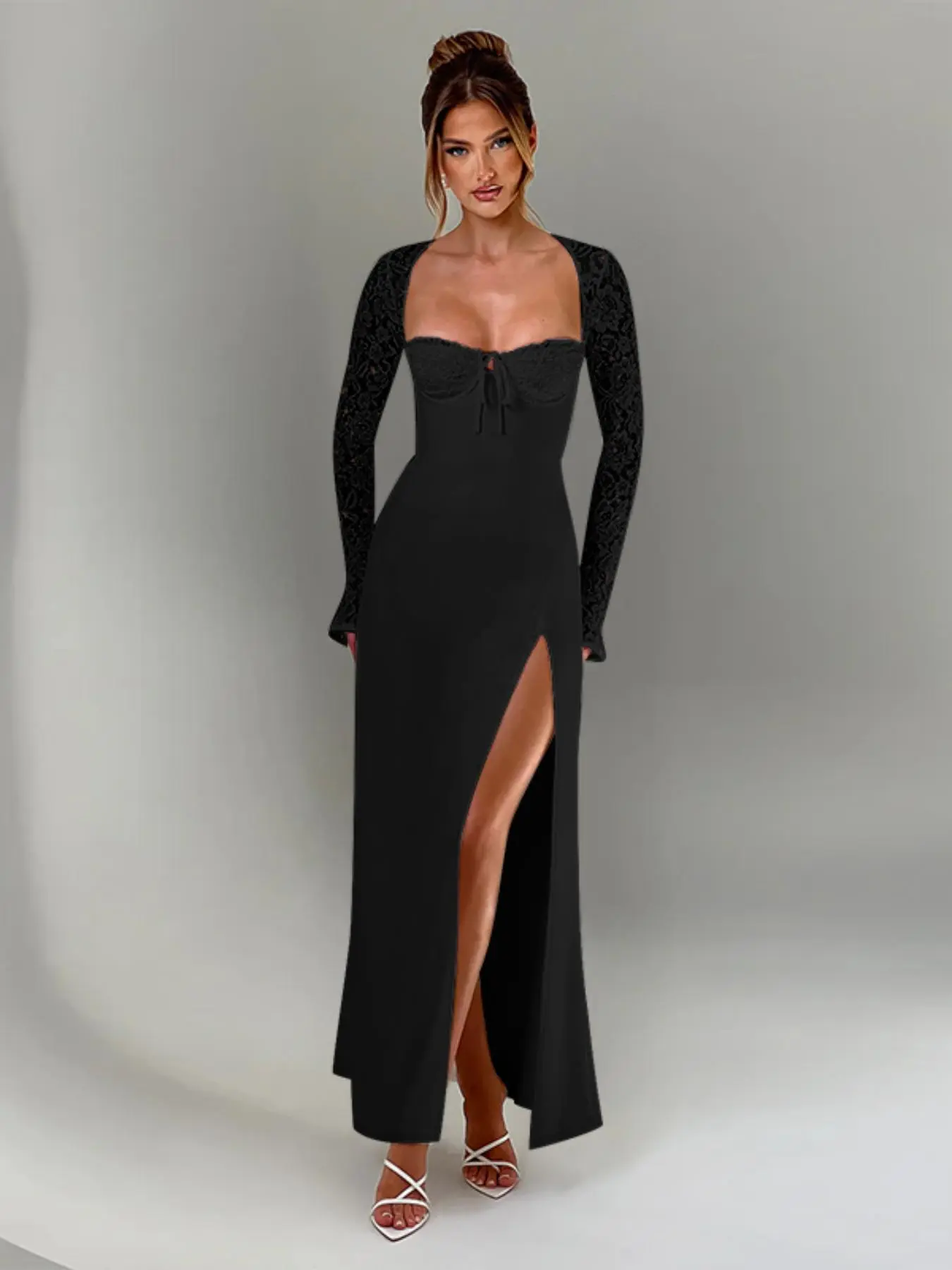 Women's Patchwork Lace Backless Split Thigh Party Dress, Elegant Sweetheart Neck Tie Front Maxi Dress for Evening Party Gown, Ladies Fall & Winter Clothes Valentine's Day, gift