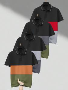 Men's Colorblock Button Front Half Placket Polo Shirt, Regular Fit Casual Breathable Comfortable Short Sleeve Collared Top for Summer, Fashion Men's Clothes for Daily Wear