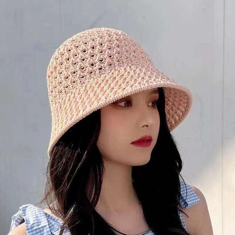 Bucket Spring Summer Hollow Knitted Hat Solid Color Sunhat Fisherman Caps Casual Foldable Beach Cap 0
