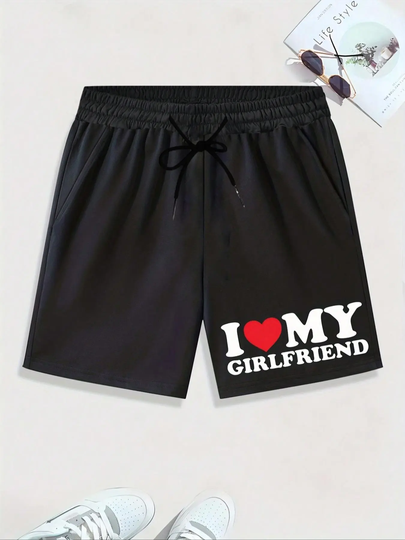 Men's Regular Fit "I LOVE MY GIRLFRIEND" Letter & Heart Print Drawstring Waist Shorts, Casual Elastic Waist Pocket Straight Leg Shorts for Summer, Men's Bottoms for Beach Vacation