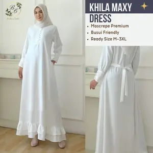Khila Dress Gamis Busui Friendly Wanita Putih Jumbo Korea Terbaru Lebaran 2024 Baju Muslim Long Gamis Umroh Ihrom Basic Bordir Mewah Wanita Remaja Jumbo Baju Kondangan Simpel Korea Gamis dress putih korea muslim Menyusui Busui Busana Muslim Syari Pesta