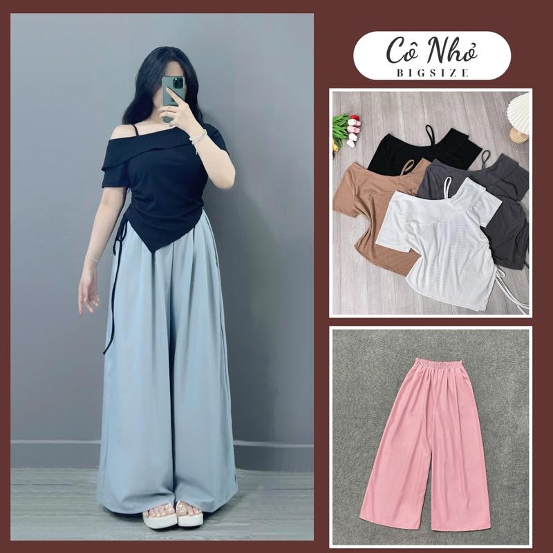 Set đồ bigsize nữ áo thun tay ngắn trễ vai 1 bên tà nhọn kèm quần dài ống rộng lưng thun co giãn chất lụa - SET980