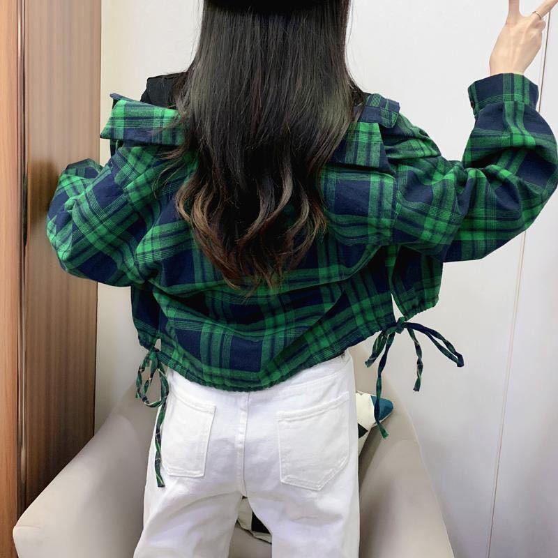 áo thun khoác sơ mi Áo Khoác Ca Rô Ngắn Dáng Rộng Phong Cách Hàn Quốc, Hàng Mới Về, Dành Cho Nữ Sinh, Thiết Kế Ca Rô Ngắn Tay Women Top 3