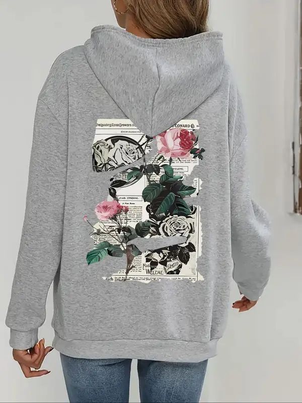 Women's Floral & Newspaper Print Drop Shoulder Hoodie, Fashion Casual Drawstring Pocket Hooded Sweatshirt for Daily Holiday Outdoor Wear, Women Clothes for Fall & Winter 4