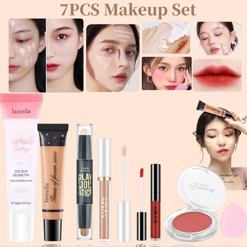 Product Introduction of Bộ Trang Điểm, 7 Món, Kem BB, Kem Kem Nền Dạng Lỏng, Kem Lót Trang Điểm Dưỡng Ẩm, Dán Tạo Đường Viền Hai Đầu, Phấn Đánh Mini, Kem Che Khuyết Điểm, Son Kem, Son Môi, Mút Đánh Phấn Mini 8
