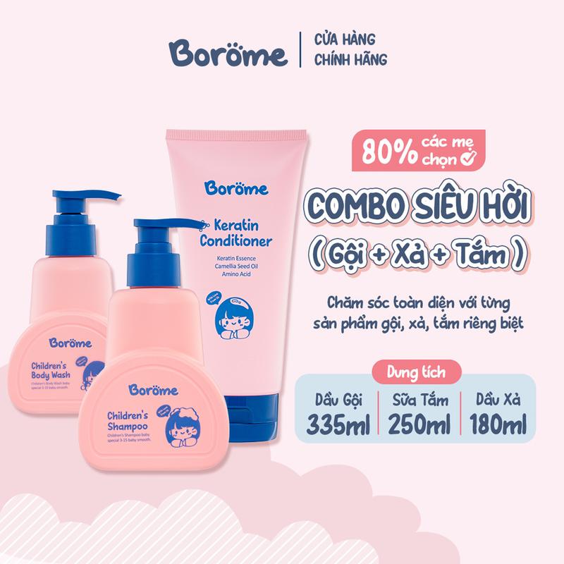 Combo SIÊU HỜI 80% các mẹ chọn Combo dầu gội + dầu xả + sữa tắm trẻ em Borome công thức dịu nhẹ không gây cay mắt an toàn khi sử dụng dung tích 335ml Cho Bé