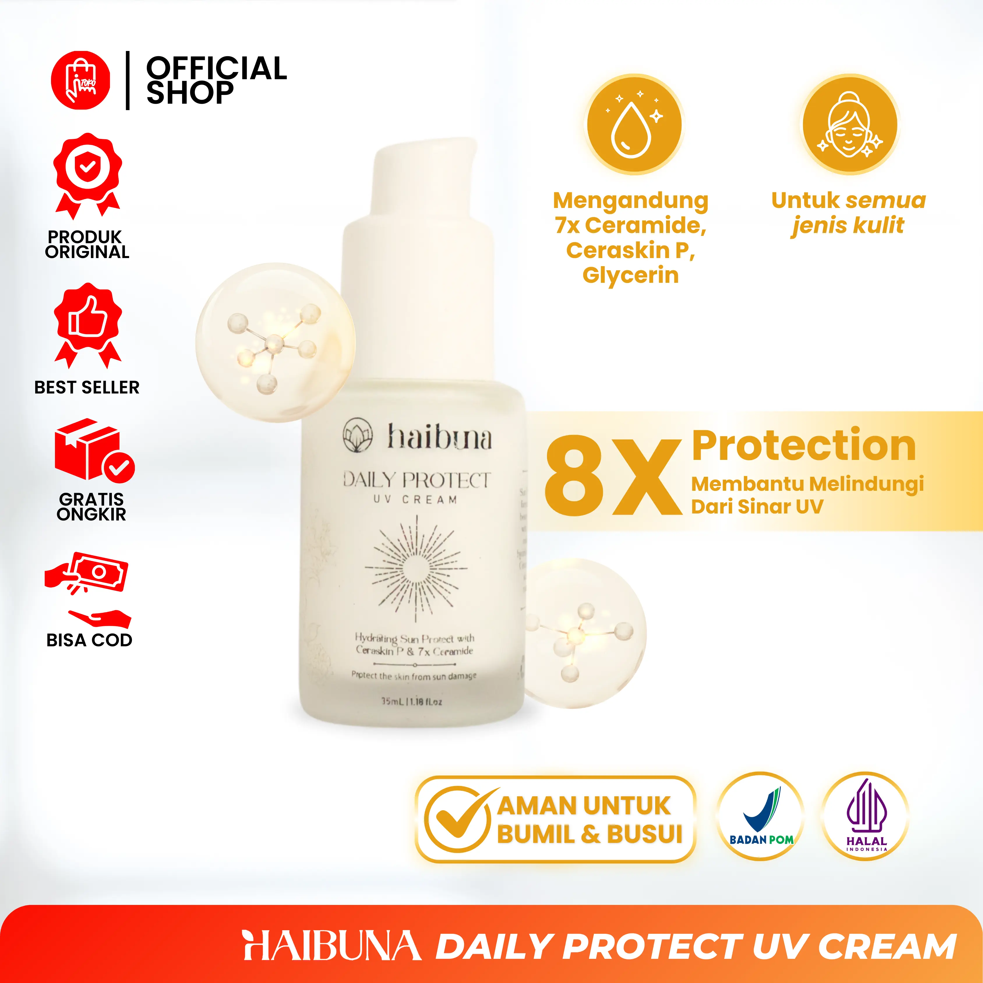 HAIBUNA Daily Protect UV Cream - SPF 30 - Sun Protection Untuk Semua Jenis Kulit 35 ml - Sun Cover HAIBUNA