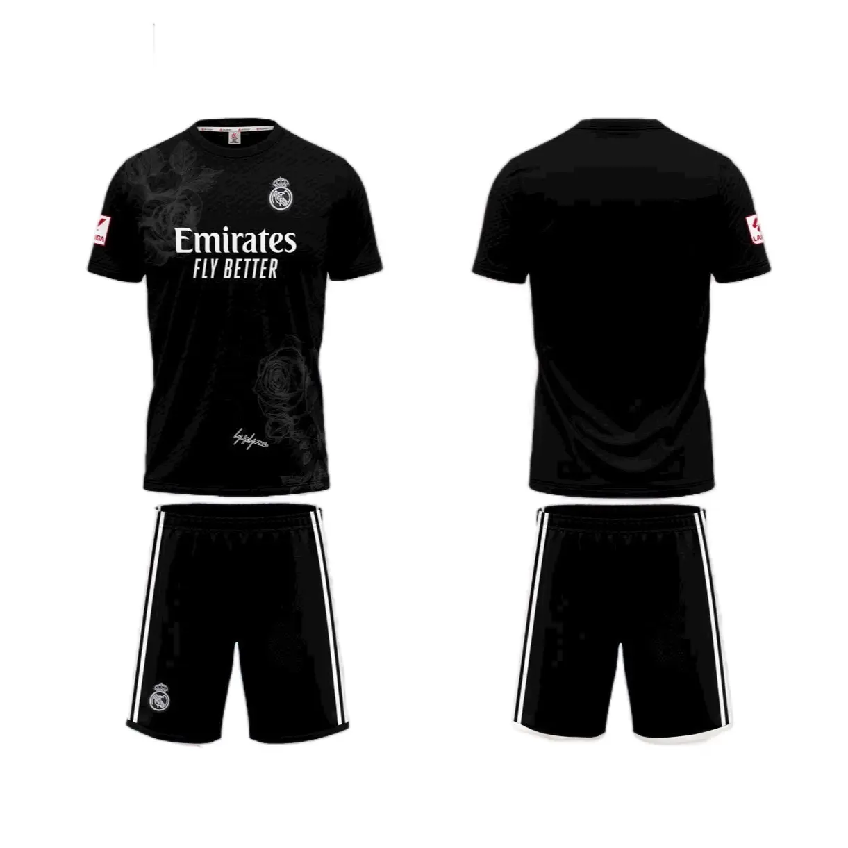 Áo đá bóng CLB Real Madrid – Real Đen Hoa Hồng, Vải thun lạnh thấm hút, co giãn thoải mái, logo áo quần thêu, có dây rút quần