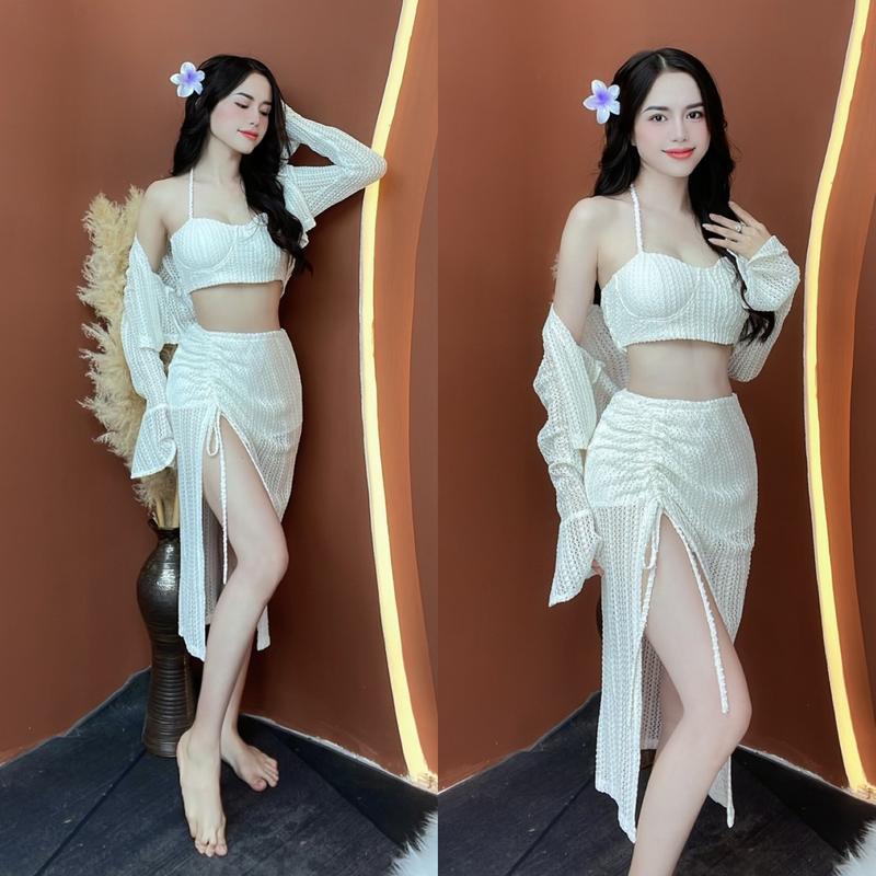 Set ren đi biển thiết kế EMME T1536 - 2 món gồm áo hai dây có mút lót ngực phối chân váy dài xẻ tà dây rút dành cho nữ kèm áo khoác - Thanh Tự