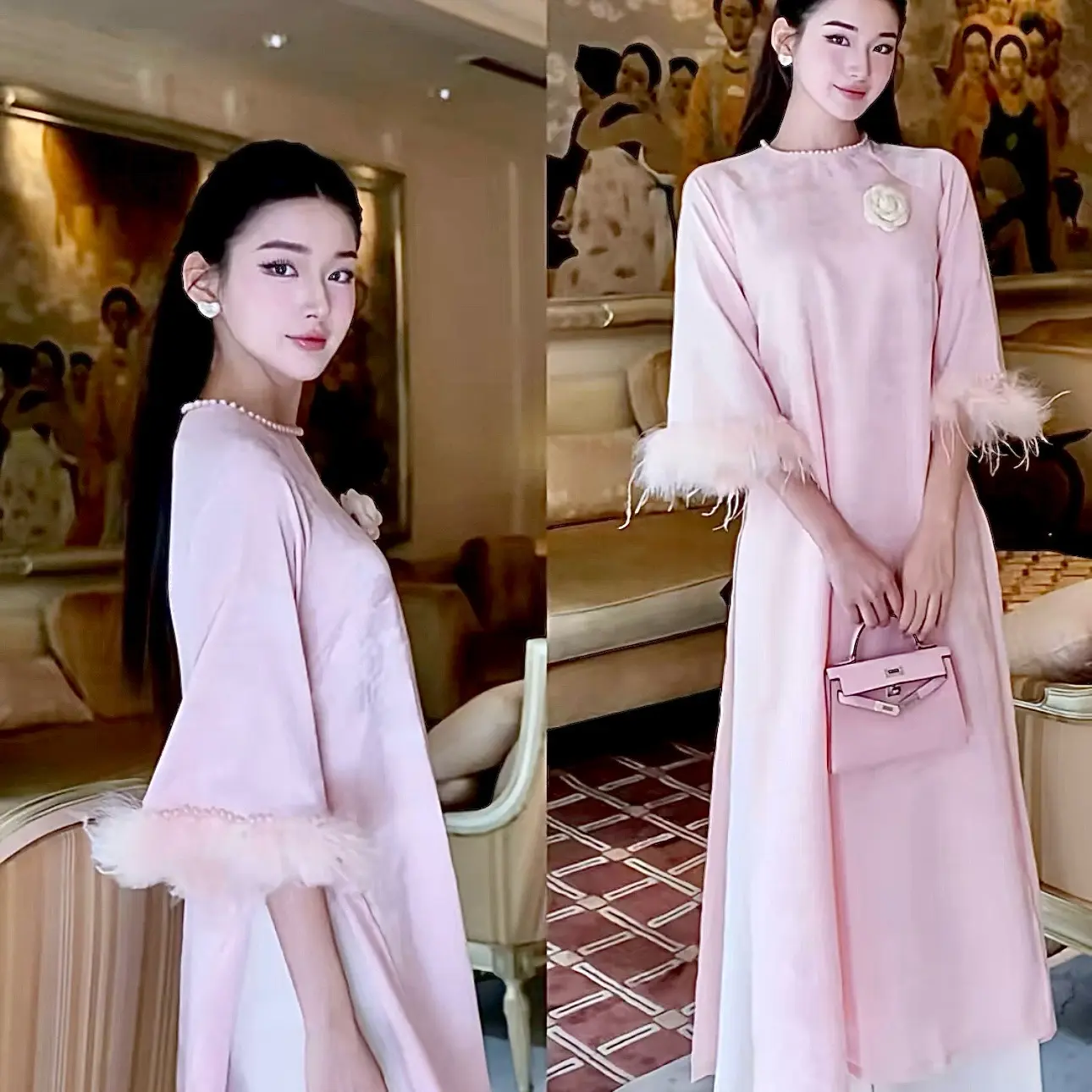[kèm quần lụa+hoa cài áo] Áo dài cách tân lụa gấm phối lông vũ đính cườm cổ áo sang xinh tiểu thơ đón xuân 2025