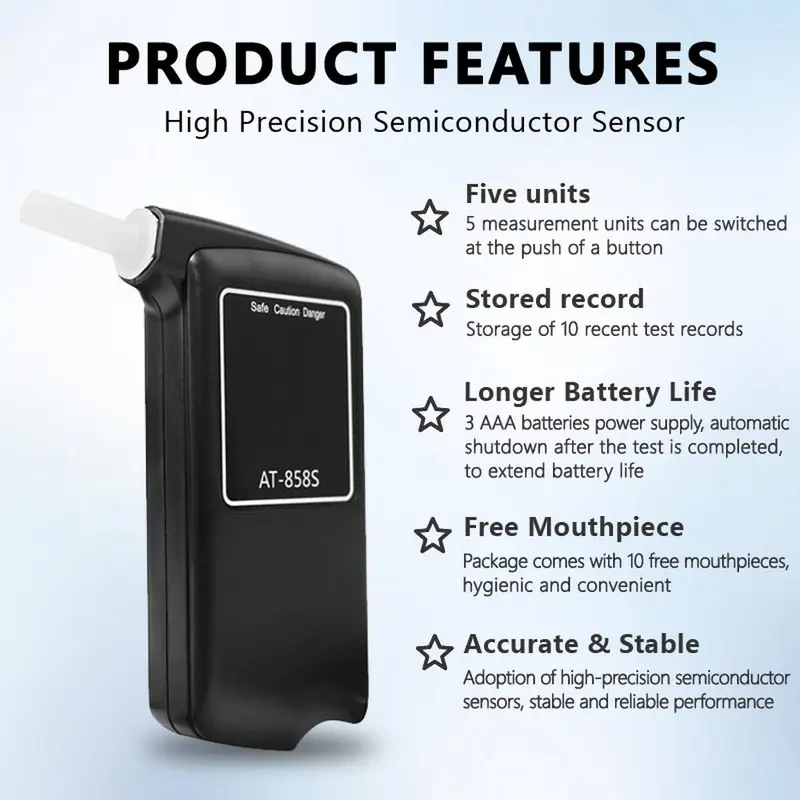 Portable Breath Alcohol Tester, High Accuracy Breathalyzer with 10 Blow Mouths, Multifunctional Handheld Breathalyzer for Personal, Boyfriend Gift 2