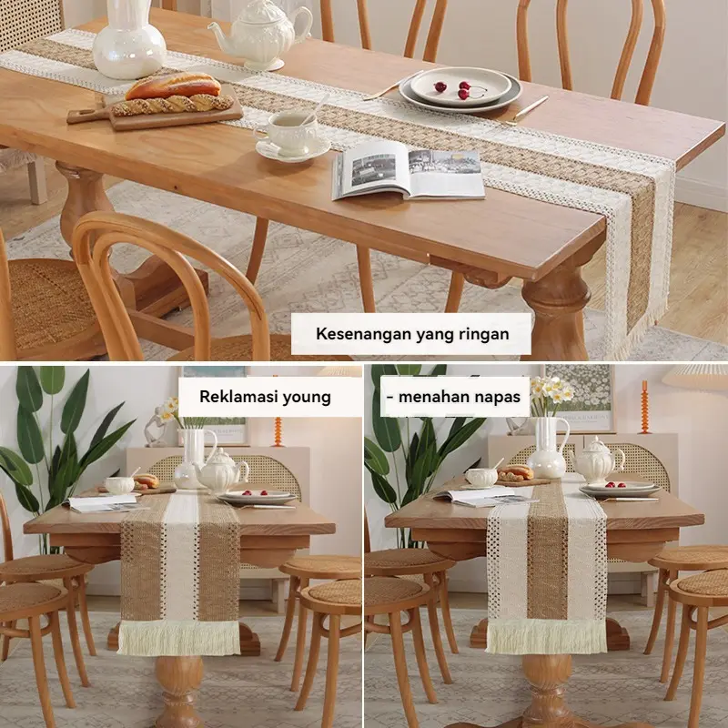 Table Runner Taplak Meja Panjang Bahan Premium Rajut Bendera Meja Katun Linen Taplak Meja Panjang Rumbai Senada Warna Premium Rajut Style 2