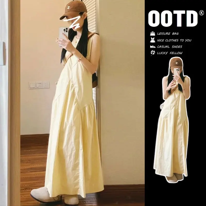 Váy Vest Không Tay Phong Cách Pháp, Màu Vàng Nhạt, Váy Nữ Mùa Hè, Váy Chữ A, Ngọt Ngào Và Chống Lão Hóa, Không Tay