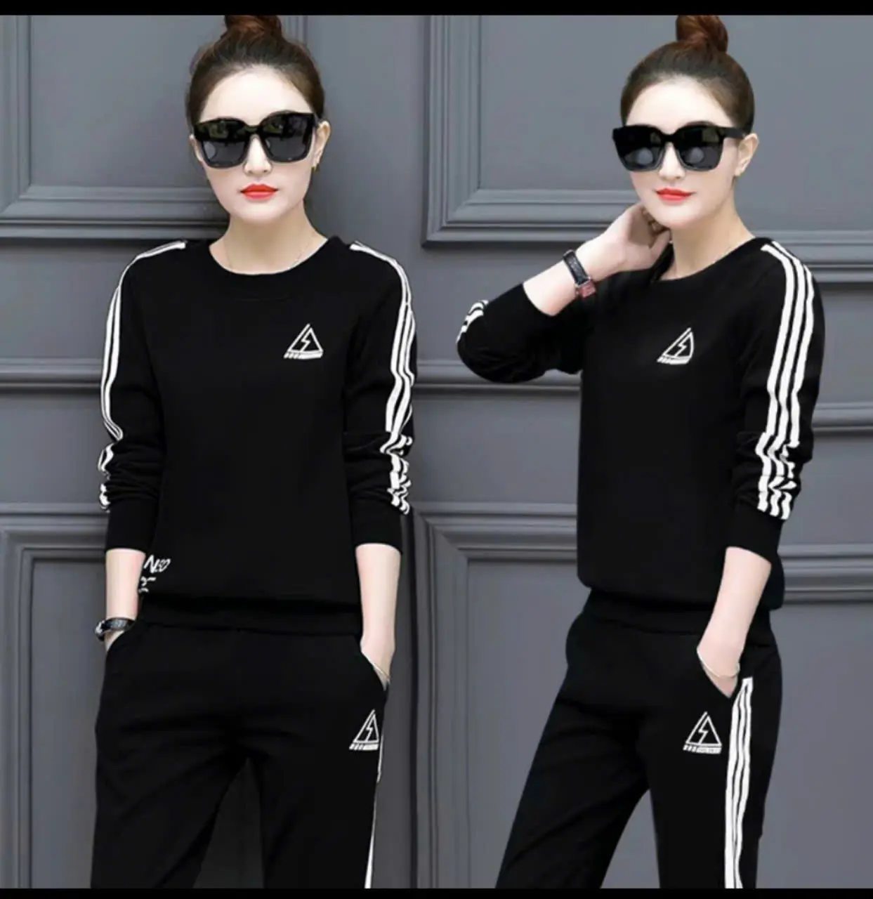 Set đồ bộ cotton nữ tay dài - logo thêu - chạy viền- sản phẩm y hình Nữ Women Áo Top Voi Xanh